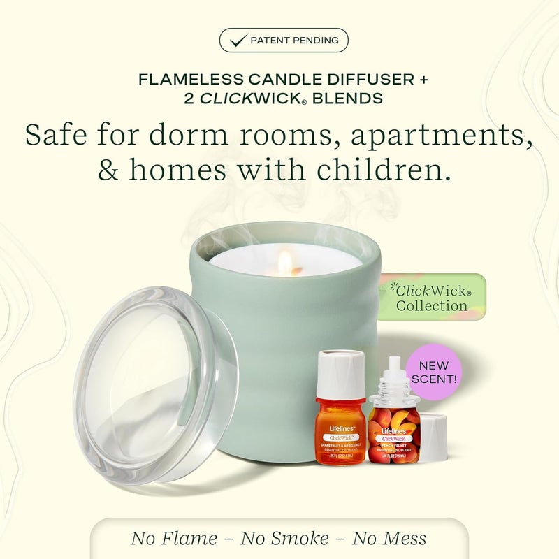 LifeLines Flameless Candle Aromatherapy Essential Oil Diffuser with 2 ClickWick Essential Oil Blends - Cordless & Waterless Diffuser for Home - Scented Electric Candles Blow Out Flame - Green Bubble - Image 2